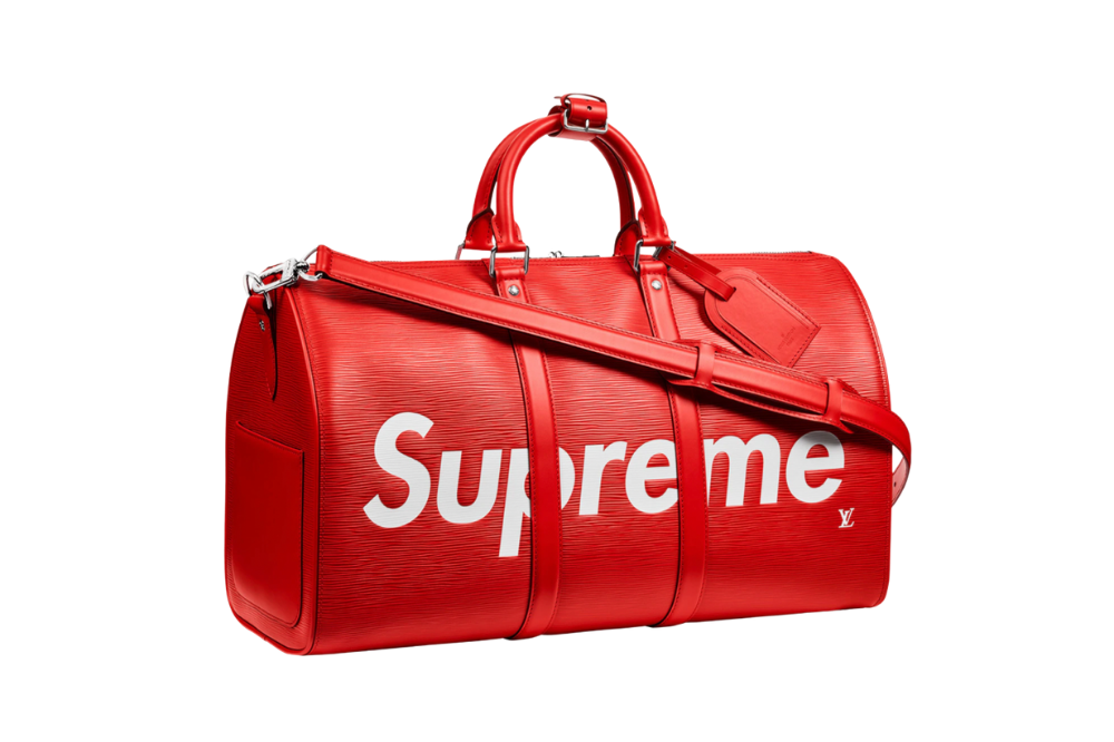 Kuala Lumpur, Malaysia - July 30, 2019: Louis Vuitton X Supreme Keepall  Bandouliere Epi 45 Red At The Time Capsule Exhibition By Louis Vuitton KLCC  In Kuala Lumpur. Stock Photo, Picture and